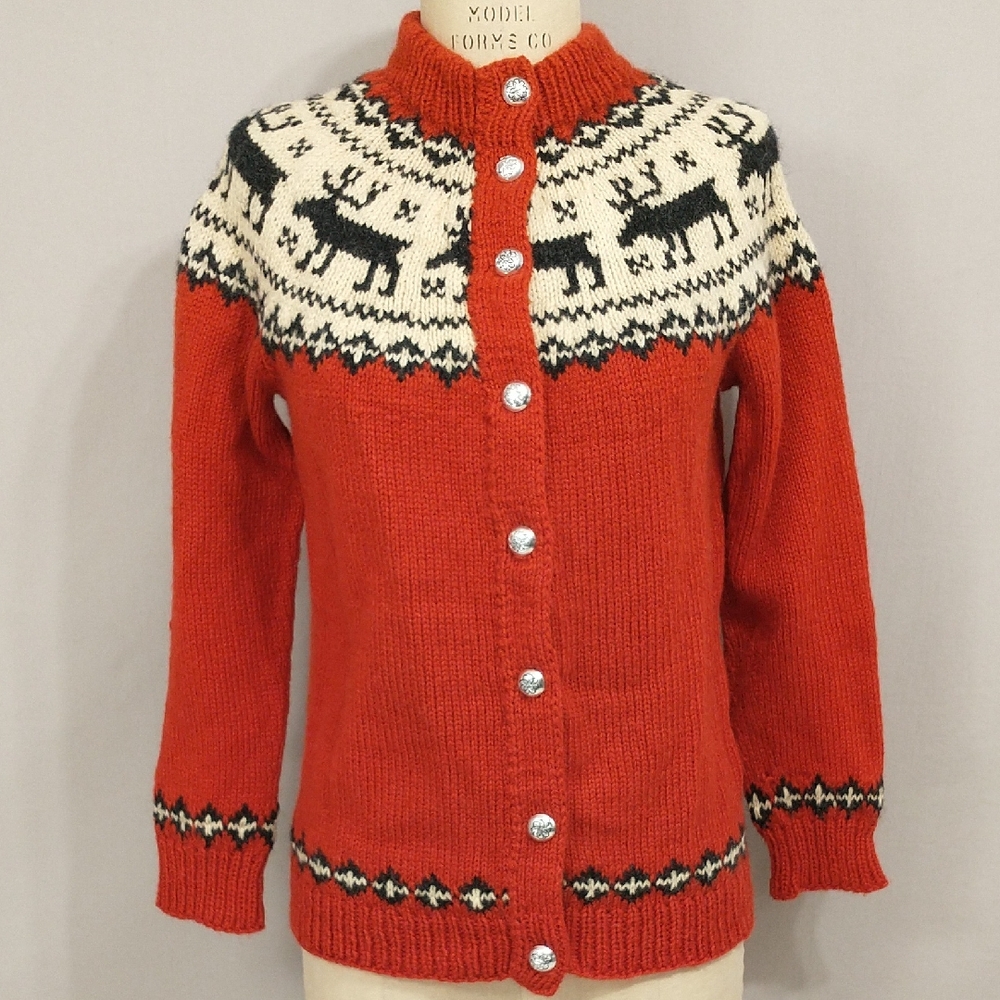 Reindeer Yoke Handknit Vintage Danish Wool Cardigan Sweater Red Cream & Black M